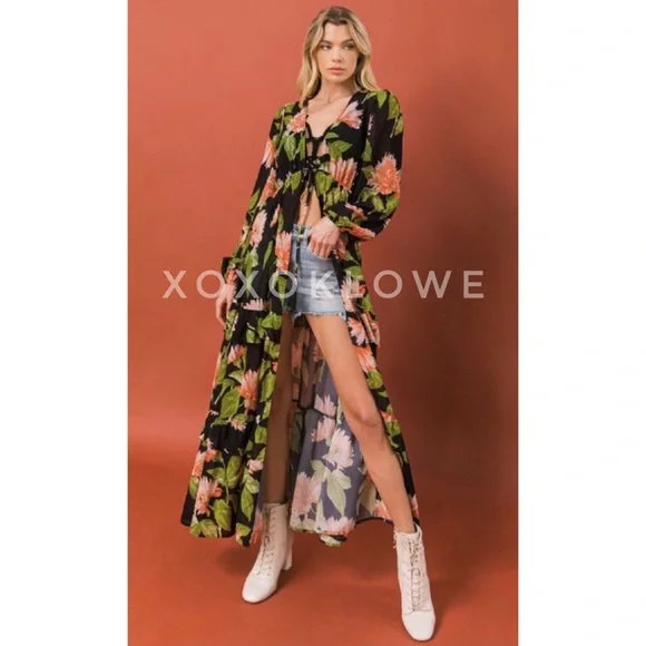 Flying Tomato Tropical Print Duster | Tie Waist Tiered Maxi Top - Picture 9 of 12